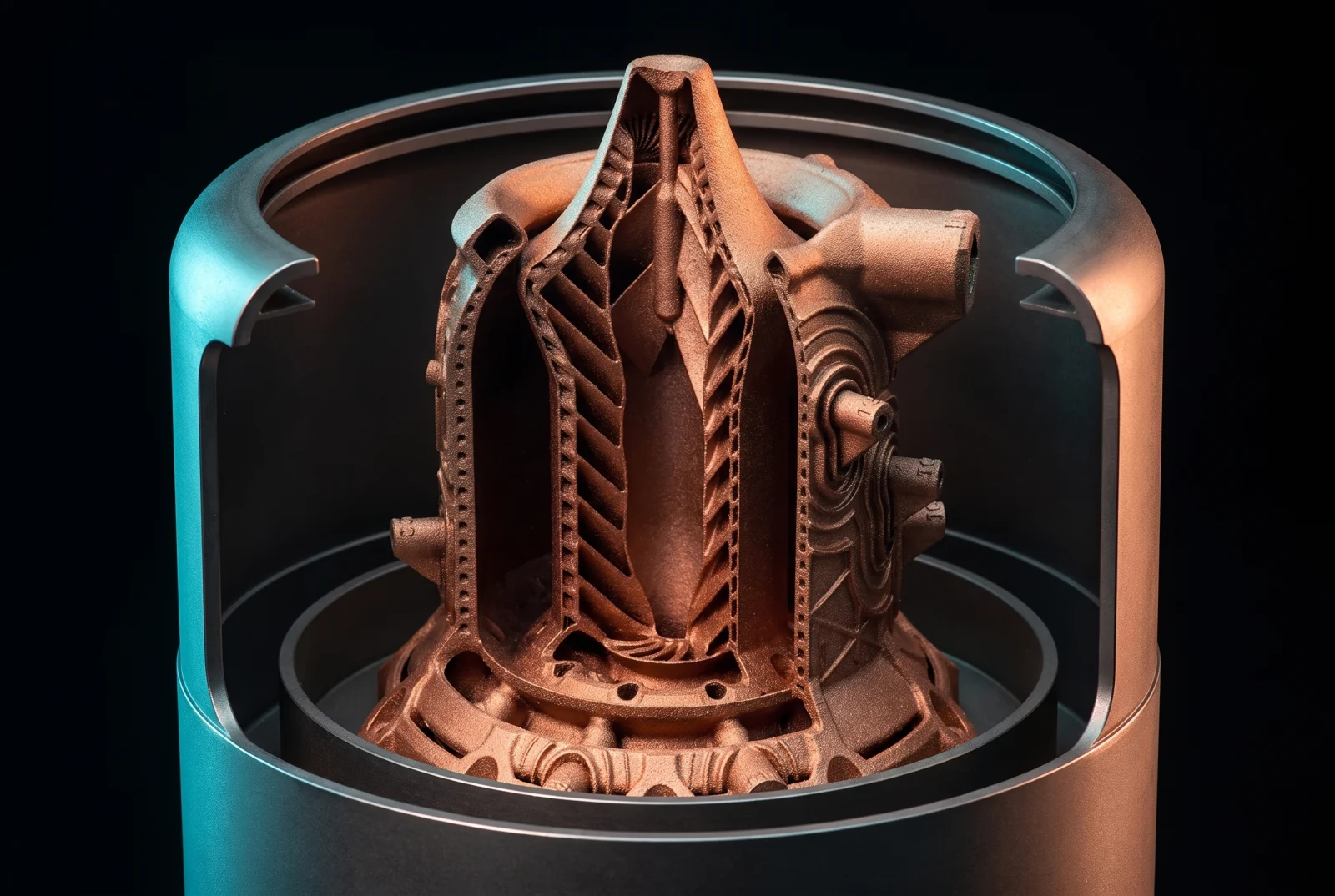 Cutaway concept render of the printed copper aerospike core seated inside its outer housing, showing the ladder-like regenerative cooling channels and the annular duct between core and housing.