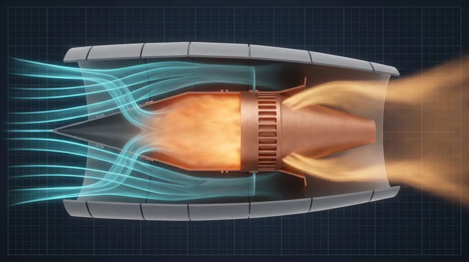 Cutaway illustration of the combined-cycle engine: cyan air enters the forward intake and compresses through the annular duct, burns in the copper chamber, and exhausts as a plume over the central aerospike plug.