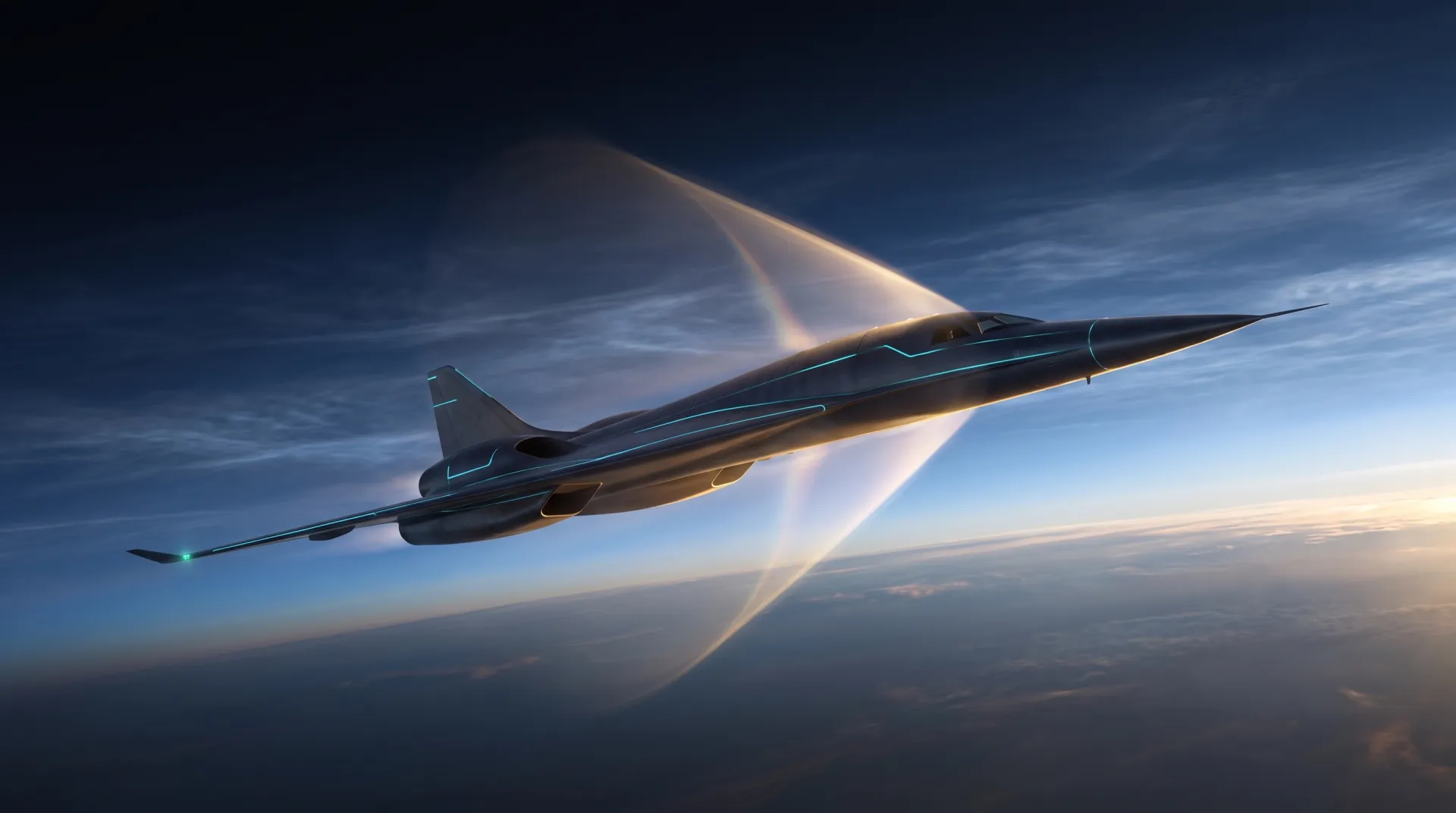 Concept render of the Sur Aerospace six-seat supersonic aircraft cruising at the edge of the stratosphere.