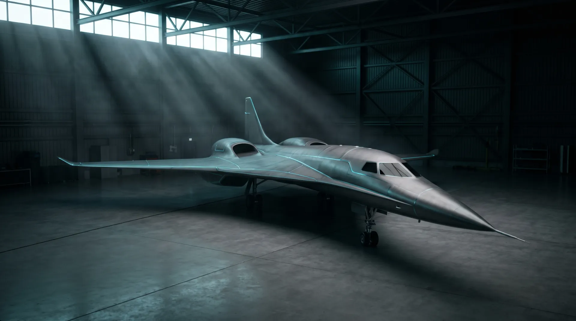 Concept render of the Sur Aerospace six-seat supersonic aircraft in a hangar.